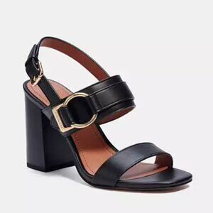 Coach Black Leather Block Heel Sandals with Gold Buckle